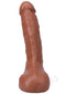 Realistic 9.5-inch squirting dildo in caramel, featuring lifelike details and textured veins for enhanced stimulation.