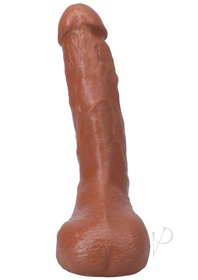 Realistic 9.5-inch squirting dildo in caramel, featuring lifelike details and textured veins for enhanced stimulation.