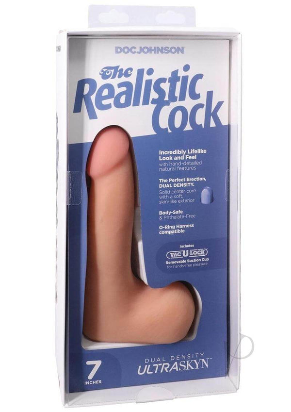 Realistic Cock 7-Inch ULTRASKYN Dildo in packaging, dual density design, lifelike appearance, body-safe and phthalate-free.