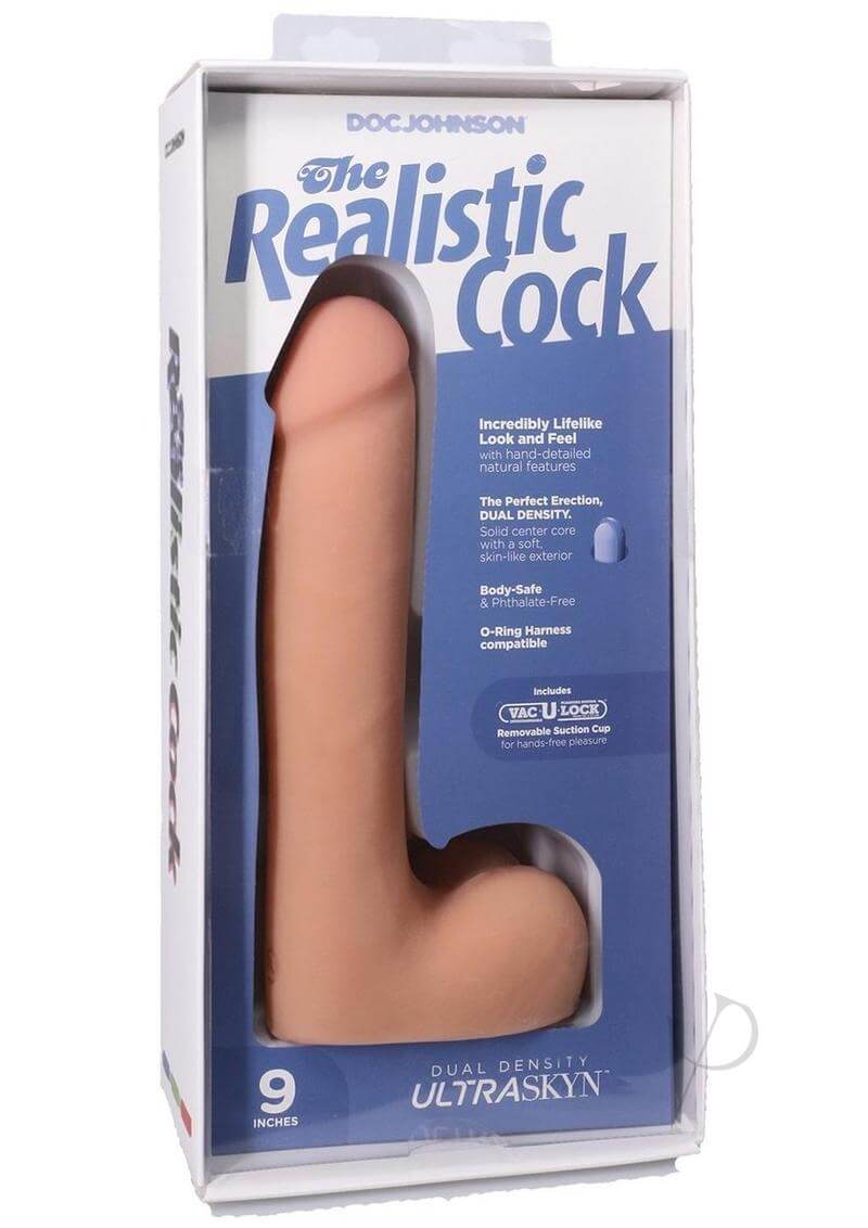 Realistic Cock 9 Inches ULTRASKYN Dildo in packaging, showcasing lifelike design and Vac-U-Lock compatibility.