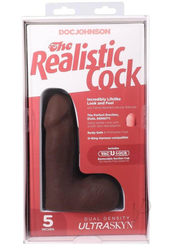 Doc Johnson's The Realistic Cock 5 Inches ULTRASKYN Dildo in chocolate with Vac-U-Lock and removable suction cup packaging.