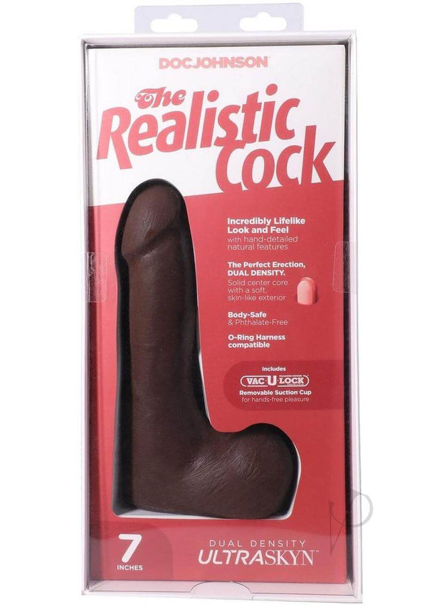 The Realistic Cock 7-inch ULTRASKYN Dildo in chocolate packaging showcasing lifelike design and features.