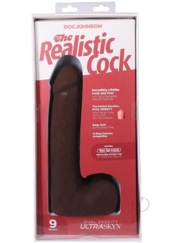 9-inch chocolate ULTRASKYN realistic dildo packaging by Doc Johnson featuring lifelike design and Vac-U-Lock compatibility.