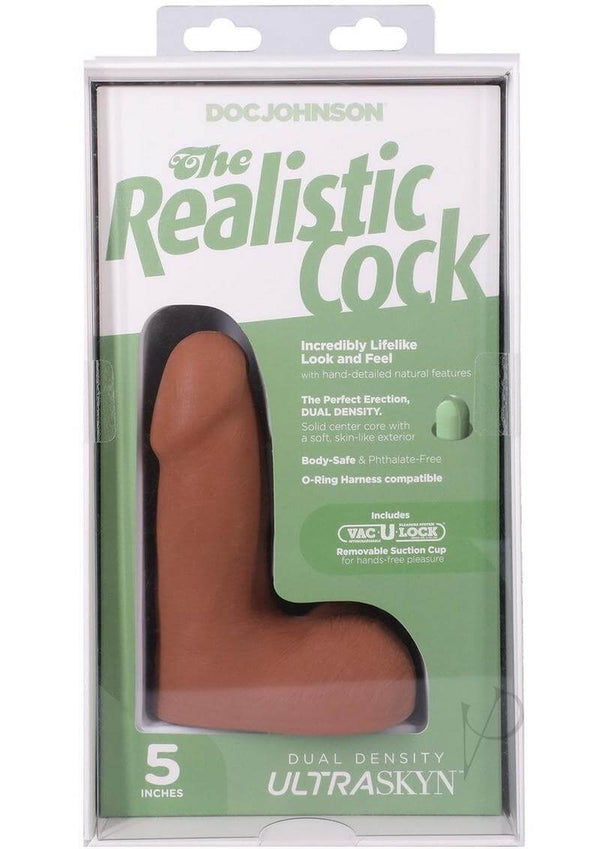 The Realistic Cock 5-inch ULTRASKYN Dildo with suction cup, highlighting lifelike design and packaging details.