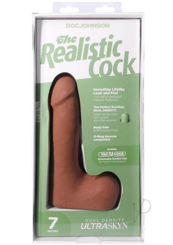 The Realistic Cock 7-Inch ULTRASKYN Dildo in packaging, featuring lifelike design and removable suction cup base.