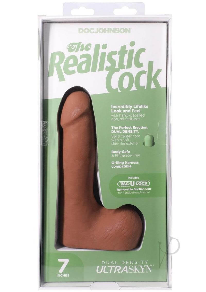 The Realistic Cock 7-Inch ULTRASKYN Dildo in packaging, featuring lifelike design and removable suction cup base.