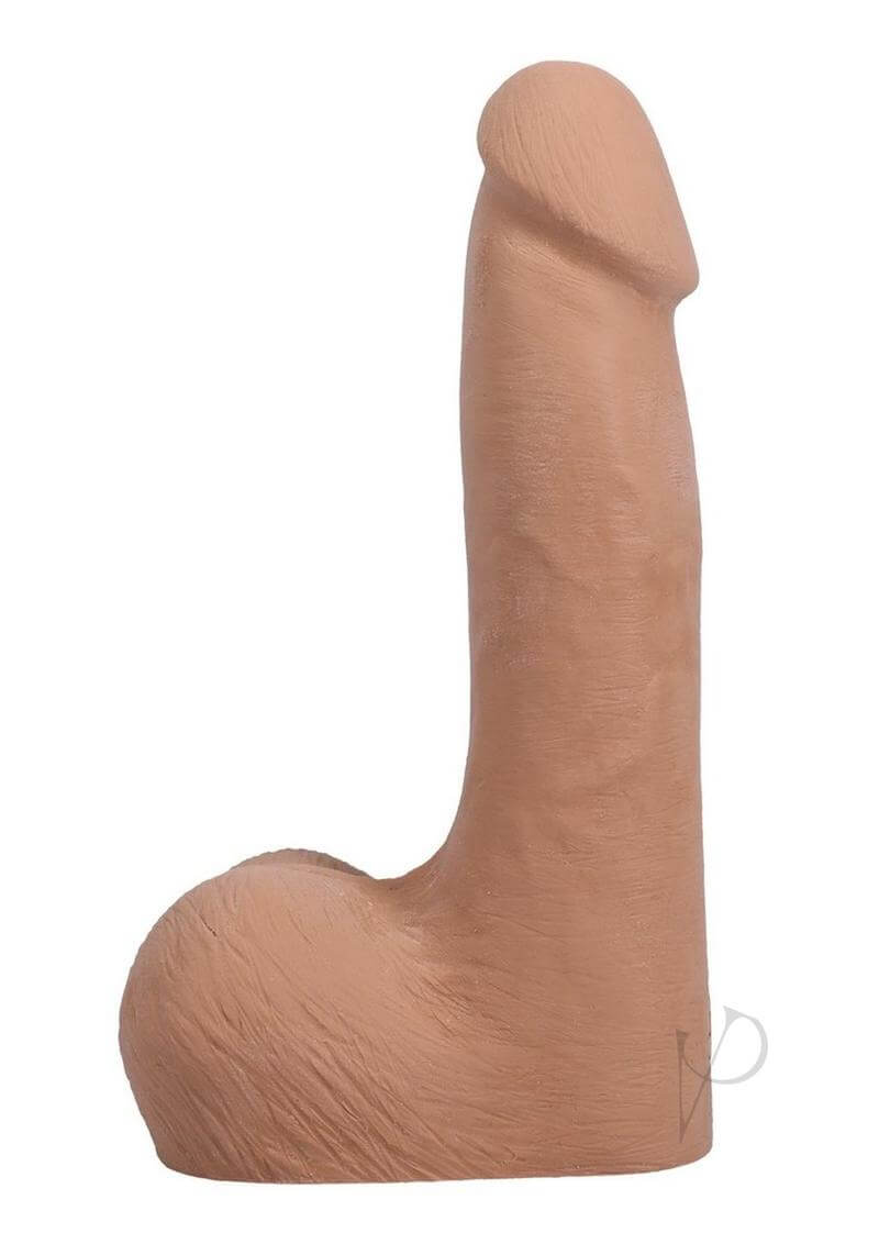 Realistic 7-inch ULTRASKYN dildo in caramel color with balls and lifelike detailing. Phthalate-free and body-safe.
