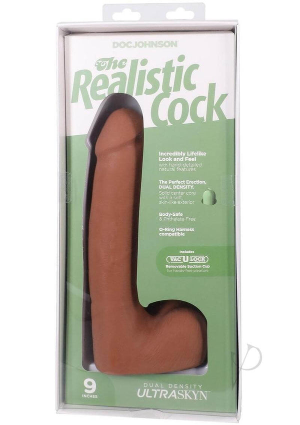 Realistic Cock 9-Inch ULTRASKYN dildo in packaging, featuring dual density design and phthalate-free materials.