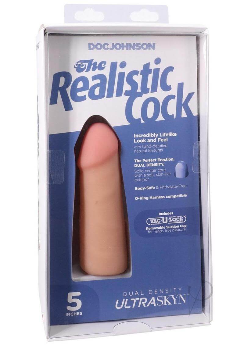 The Realistic Cock 5" ULTRASKYN Dildo in Vanilla packaging, showcasing lifelike design and Vac-U-Lock compatibility.