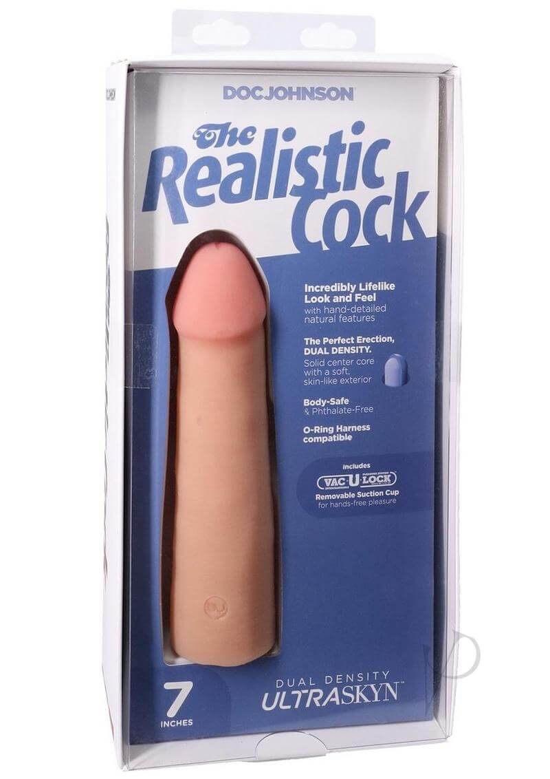 The Realistic Cock 7-Inch ULTRASKYN Dildo in Vanilla packaging, showcasing its lifelike design and suction cup feature.