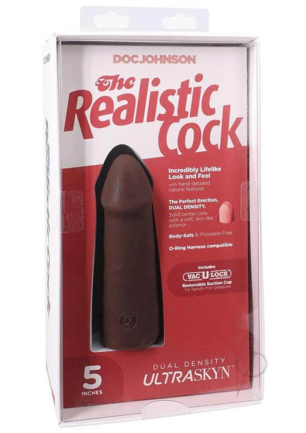 The Realistic Cock 5-Inch ULTRASKYN Dildo in Chocolate packaging, showcasing its lifelike design and dual-density features.