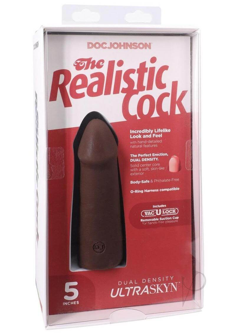 The Realistic Cock 5-Inch ULTRASKYN Dildo in Chocolate packaging, showcasing its lifelike design and dual-density features.
