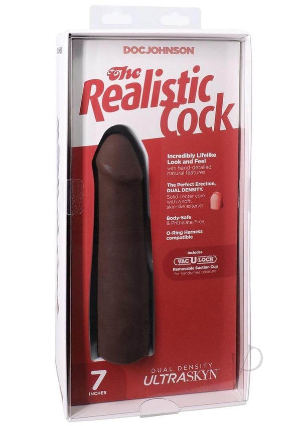 Realistic Cock 7" ULTRASKYN Dildo in Chocolate packaging, showcasing lifelike texture and Vac-U-Lock compatibility.