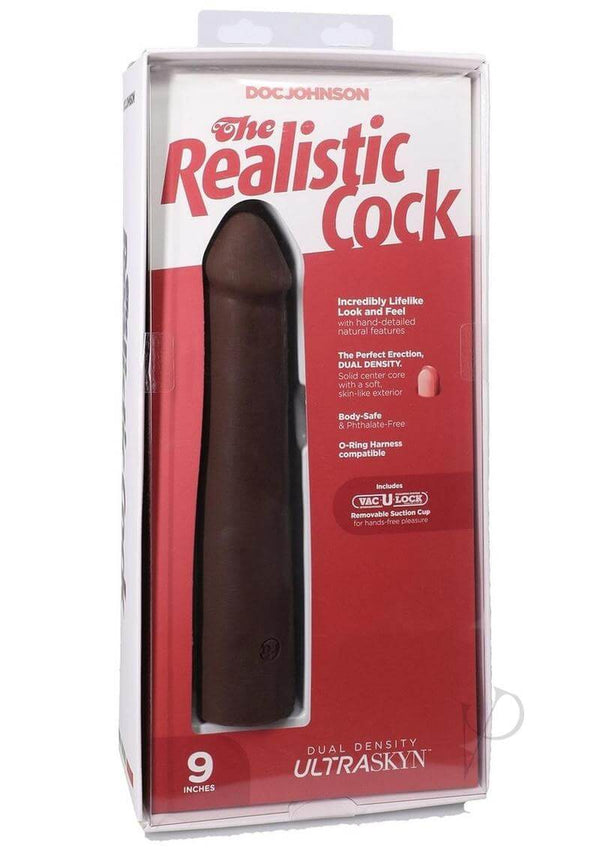 Doc Johnson Realistic Cock 9-inch ULTRASKYN dildo in chocolate packaging, featuring lifelike design and Vac-U-Lock compatibility.