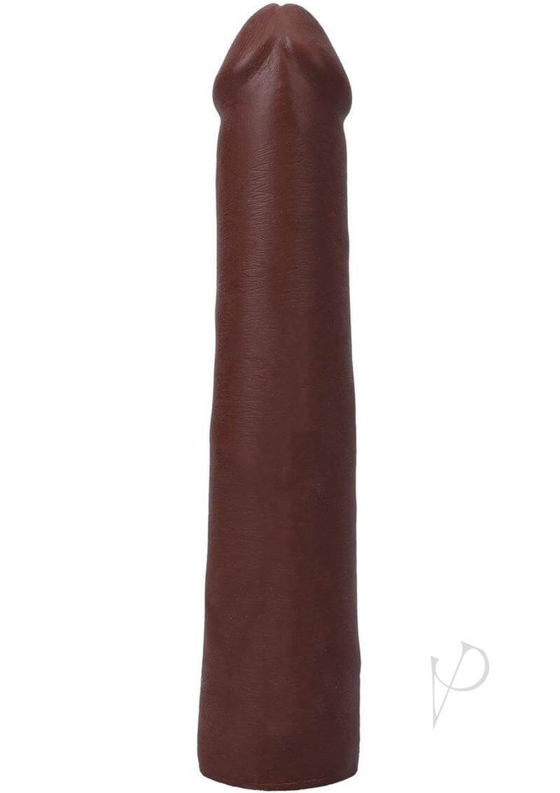 Realistic 9-inch chocolate ULTRASKYN dildo, lifelike texture, dual-density design, phthalate-free, Vac-U-Lock compatible.