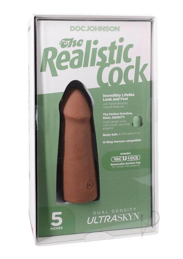 The Realistic Cock 5-inch ULTRASKYN Dildo in Caramel packaging, highlighting lifelike design and Vac-U-Lock compatibility.