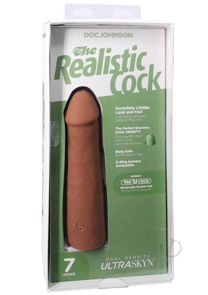 The Realistic Cock 7-inch ULTRASKYN Dildo in Caramel packaging, showcasing lifelike design and Vac-U-Lock feature.