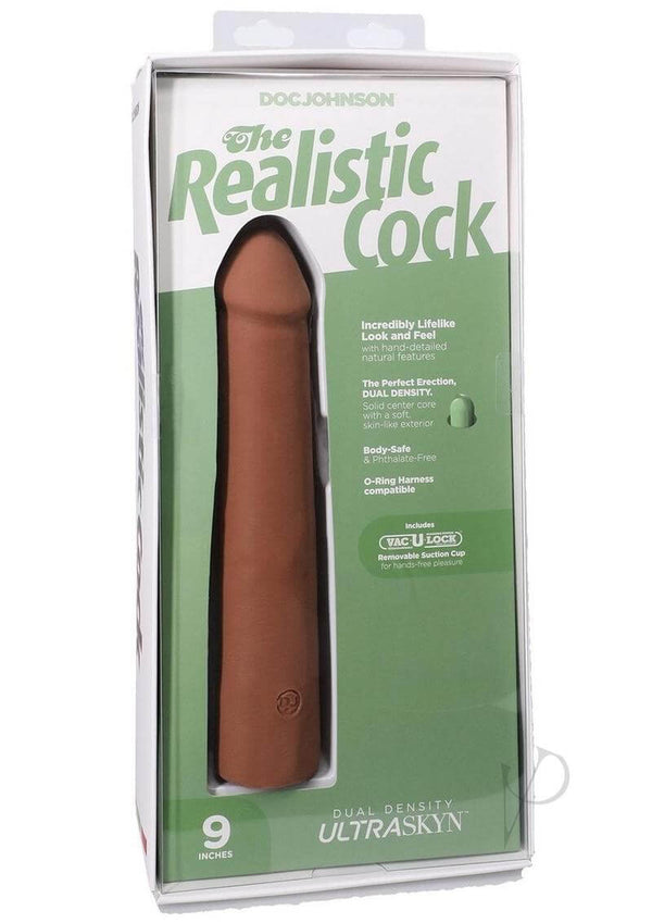 Realistic Cock 9-inch ULTRASKYN dildo in Caramel packaging, featuring dual density and Vac-U-Lock compatibility.