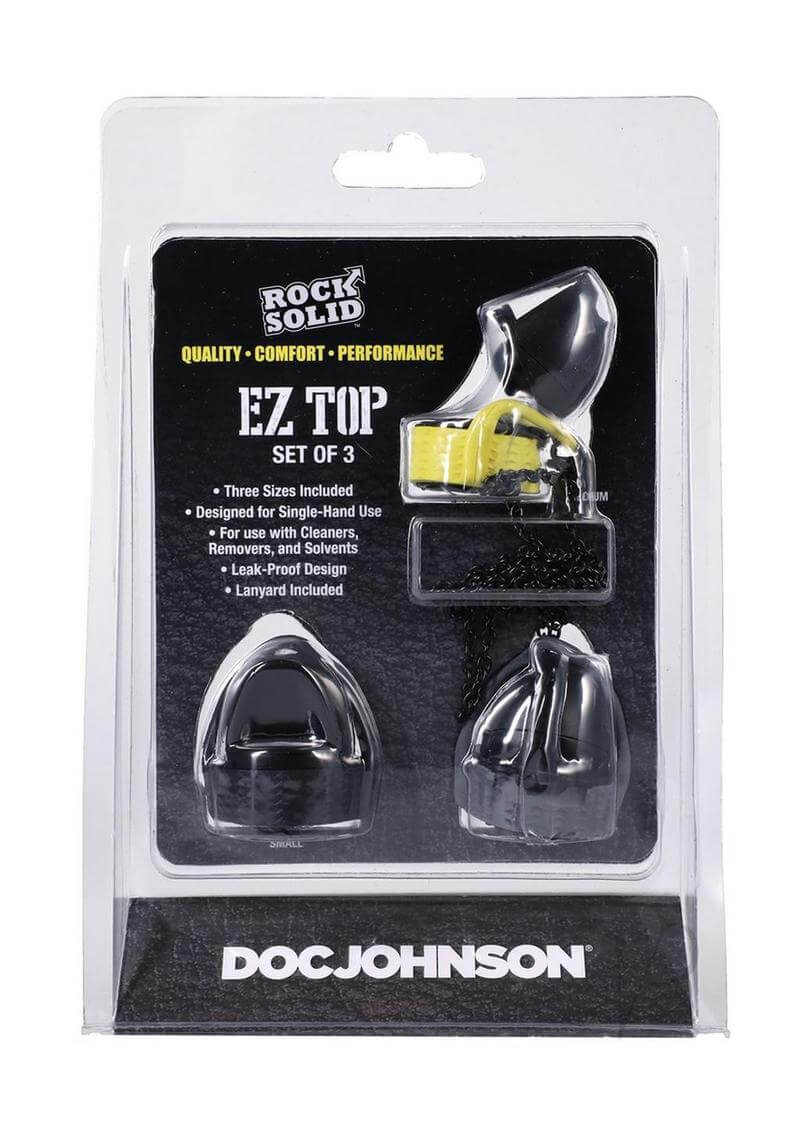 Rock Solid EZ Top Set 3pc leak-proof nightstand necessity packaging by Doc Johnson