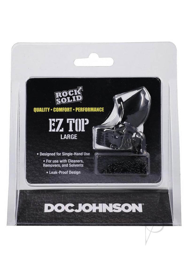 Rock Solid EZ Top Large leak-proof cap in packaging for single-hand use, designed for cleaners, removers, and solvents