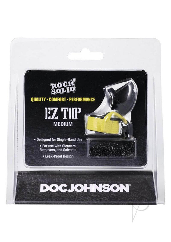 Rock Solid EZ Top Medium leak-proof nightstand necessity packaged in a clear blister pack with black and yellow ergonomic design