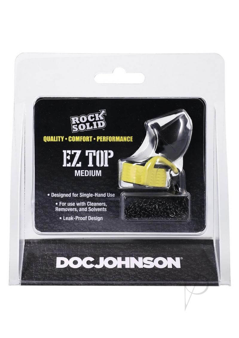 Rock Solid EZ Top Medium leak-proof nightstand necessity packaged in a clear blister pack with black and yellow ergonomic design