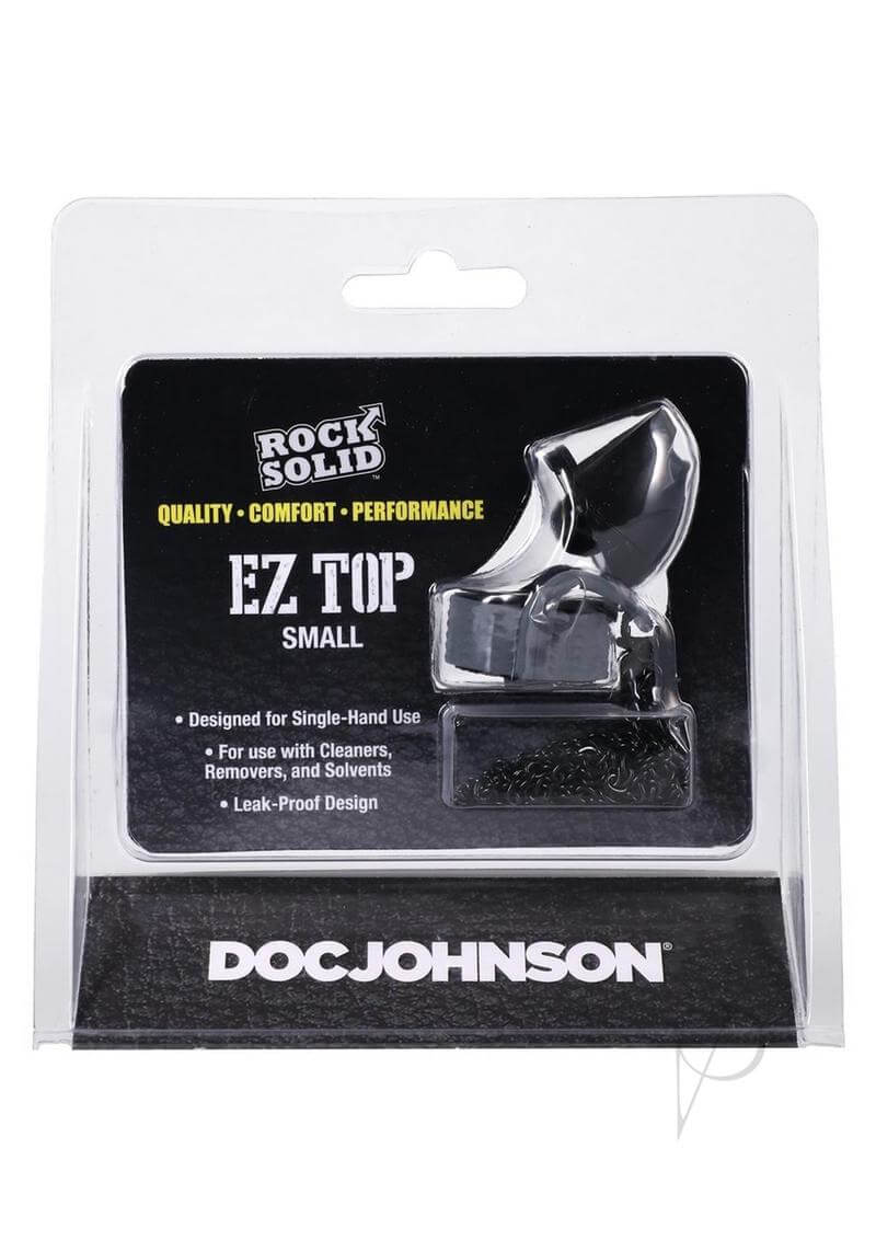 Packaging of Rock Solid EZ Top Small leak-proof nightstand cap designed for single-hand use by Doc Johnson