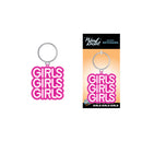 Wood Rocket Girls Girls Girls Enamel Key Chain featuring vibrant pink enamel design and a fun keyring attachment.