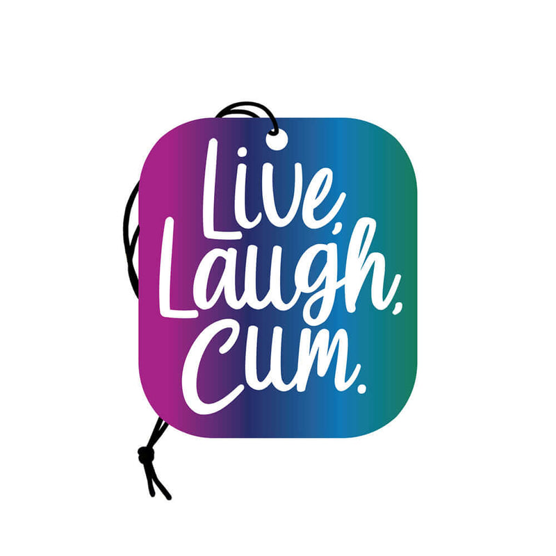 Live Laugh Cum Air Freshener by Wood Rocket in vibrant purple and teal design, perfect for adding a fun scent to any space.