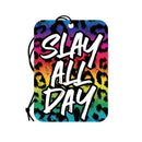 Slay All Day air freshener by Wood Rocket with leopard-print design and hanging string.