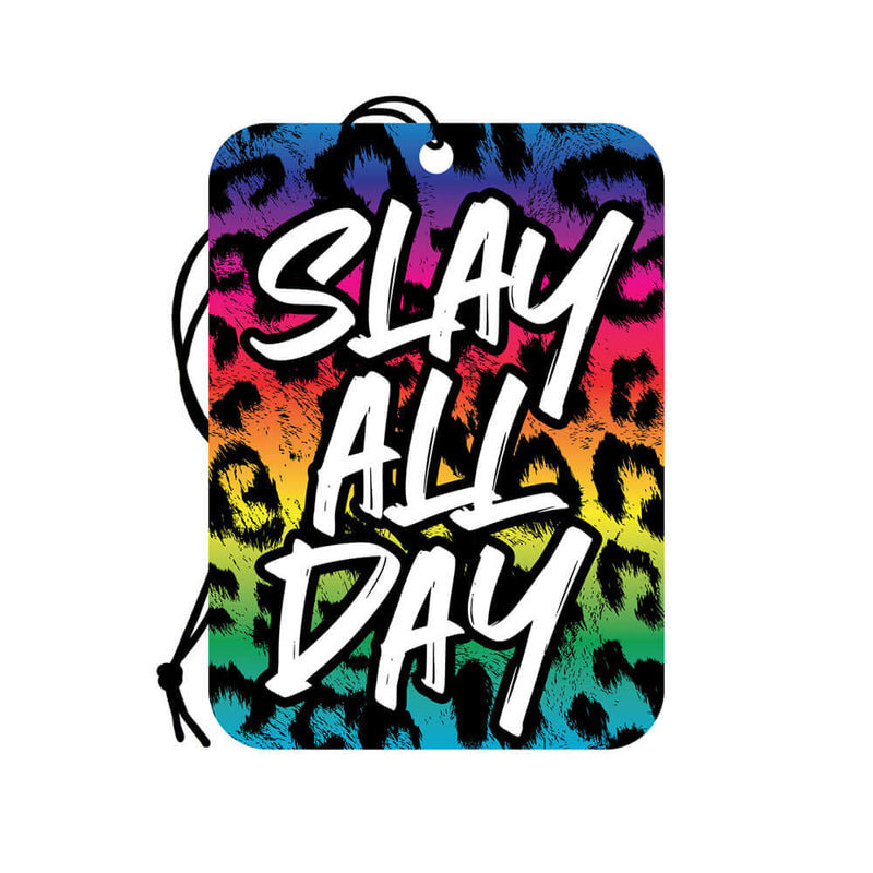 Slay All Day air freshener by Wood Rocket with leopard-print design and hanging string.