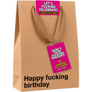 Wood Rocket Let's Fucking Celebrate Present Gift Bag with playful tags and humorous messages for gifting.