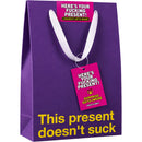 Here's Your Fucking Present Novelty Gag Gift purple gift bag with humorous text and surprise gifts inside