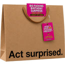 Big Fucking Birthday Surprise Big Present Gift Bag with bold lettering and playful tags for a fun gift presentation.