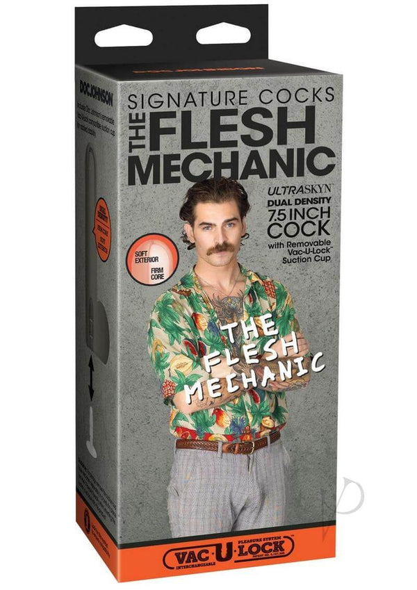 Signature Cocks - The Flesh Mechanic 7.5 Inch ULTRASKYN Cock packaging featuring vibrant design and product details.