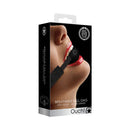 Ouch Velvet Breathable Ball Gag With Velcro Straps Black packaging featuring a model with the gag in use.