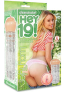 Hey 19 ClearStroke Dual End Pussy Lucy Tyler Clear Vanilla palm-sized stroker packaging with realistic features.
