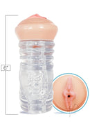 Hey 19 ClearStroke Dual End Pussy Leah Gotti Clear Vanilla palm-sized stroker design with clear channel detail.