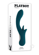 Playboy Harmony Vibrator with Clitoral Stimulator Green displayed in packaging, showcasing its curved design and features.