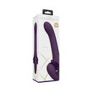 Vive Satu Triple Motor Vibrating Strapless Strap-on Purple packaging showcasing its ergonomic design and features.