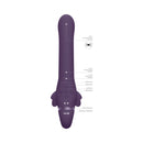 Vive Satu Triple Motor Vibrating Strapless Strap-on Purple with labeled motors and controls for enhanced partner pleasure.