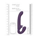 Vive Satu Triple Motor Vibrating Strapless Strap-on Purple measuring 23 cm in length and 8.7 cm in width next to a can.