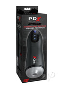 PDX Elite Suck-O-Matic Rechargeable Masturbator Black packaging showcasing its features and controls.