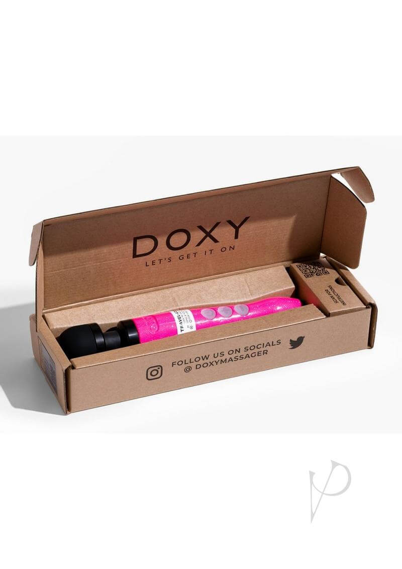 Doxy Die Cast 3R Hot Pink wand massager in packaging box for sensory bliss and relaxation.