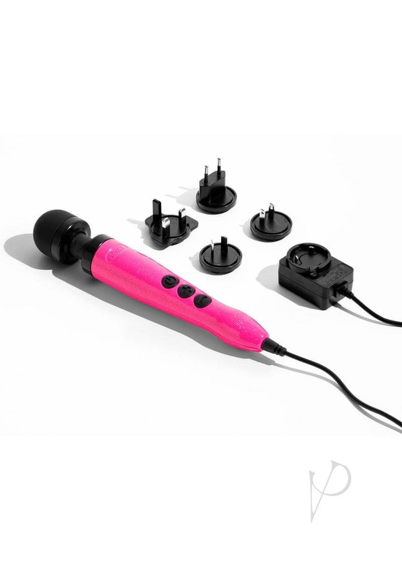 Doxy Die Cast 3 Hot Pink massager with various international plug adapters
