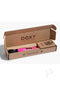 Doxy Die Cast 3 Hot Pink massager in open packaging box with branding and social media handles