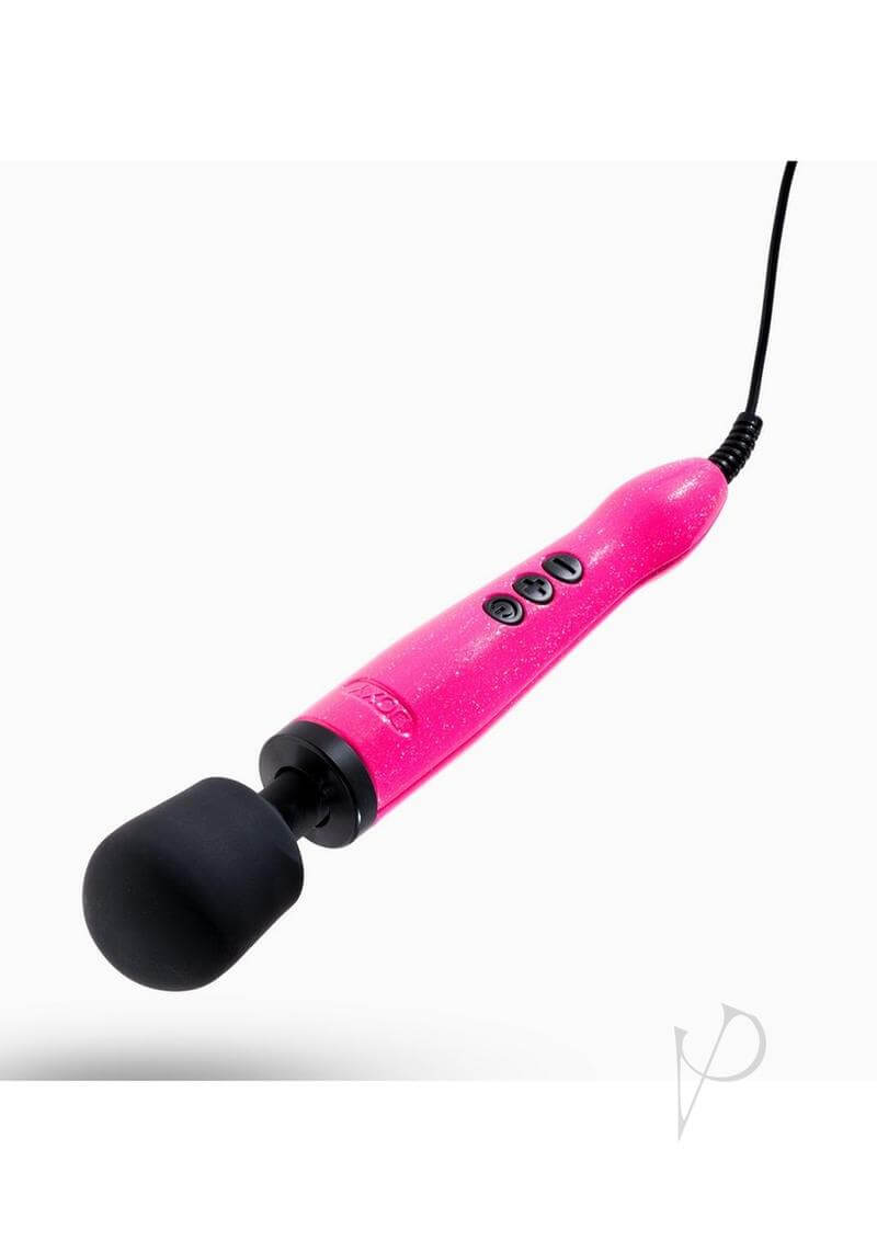 Doxy Die Cast Hot Pink wand massager with black head and buttons, designed for ultimate relaxation and pleasure.