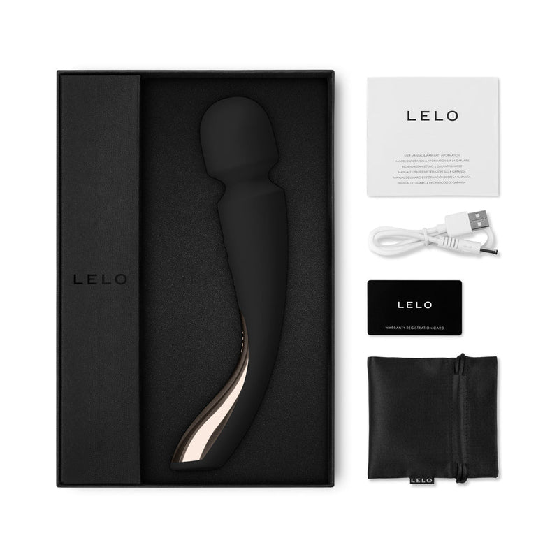 LELO SMART WAND 2 Medium Rechargeable Wand Vibrator Black in elegant packaging with accessories.