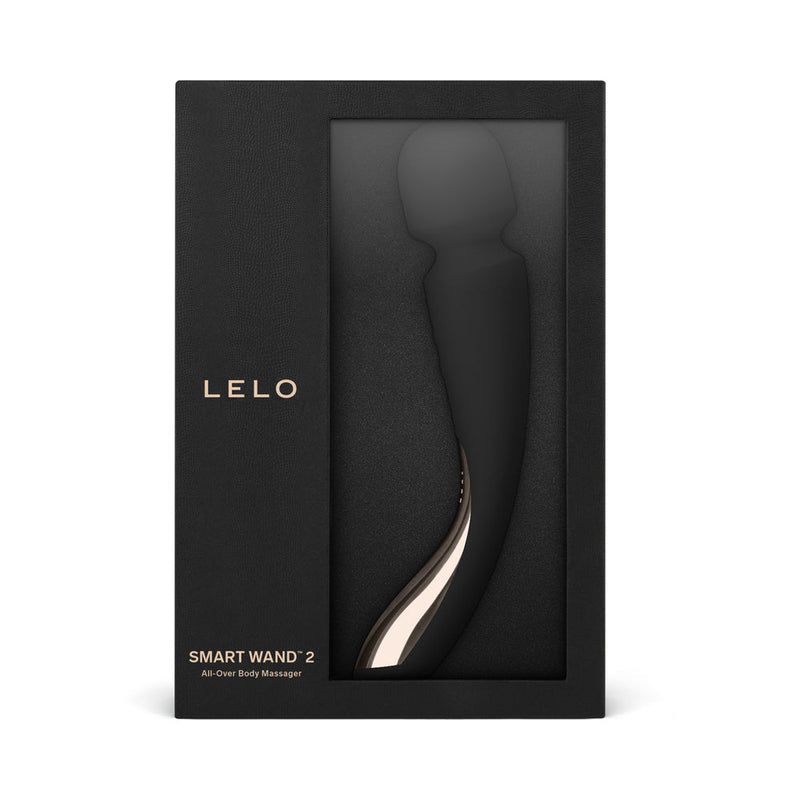 LELO SMART WAND 2 Medium Rechargeable Wand Vibrator Black in elegant packaging for luxurious massage experience.