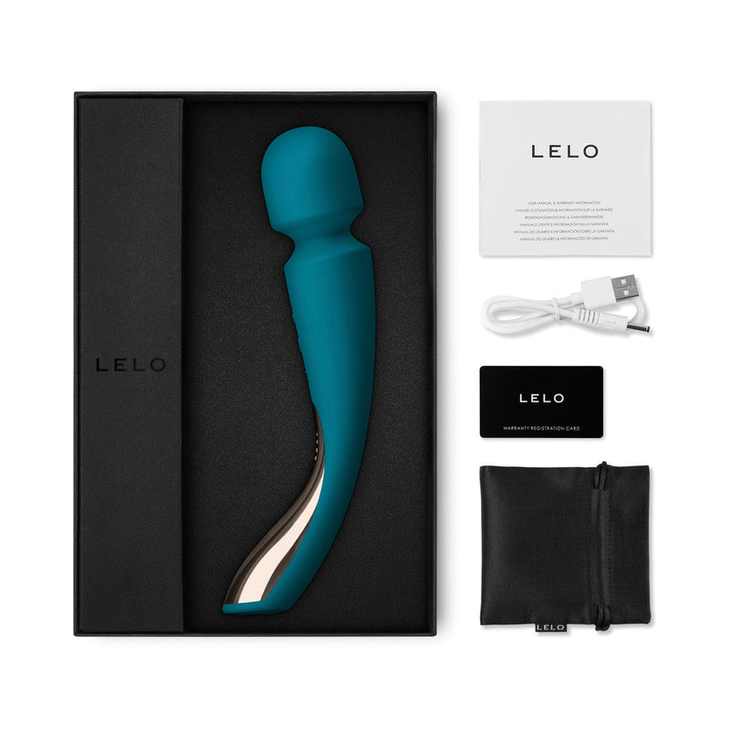 LELO SMART WAND 2 Medium Rechargeable Wand Vibrator Ocean Blue in elegant packaging with accessories.